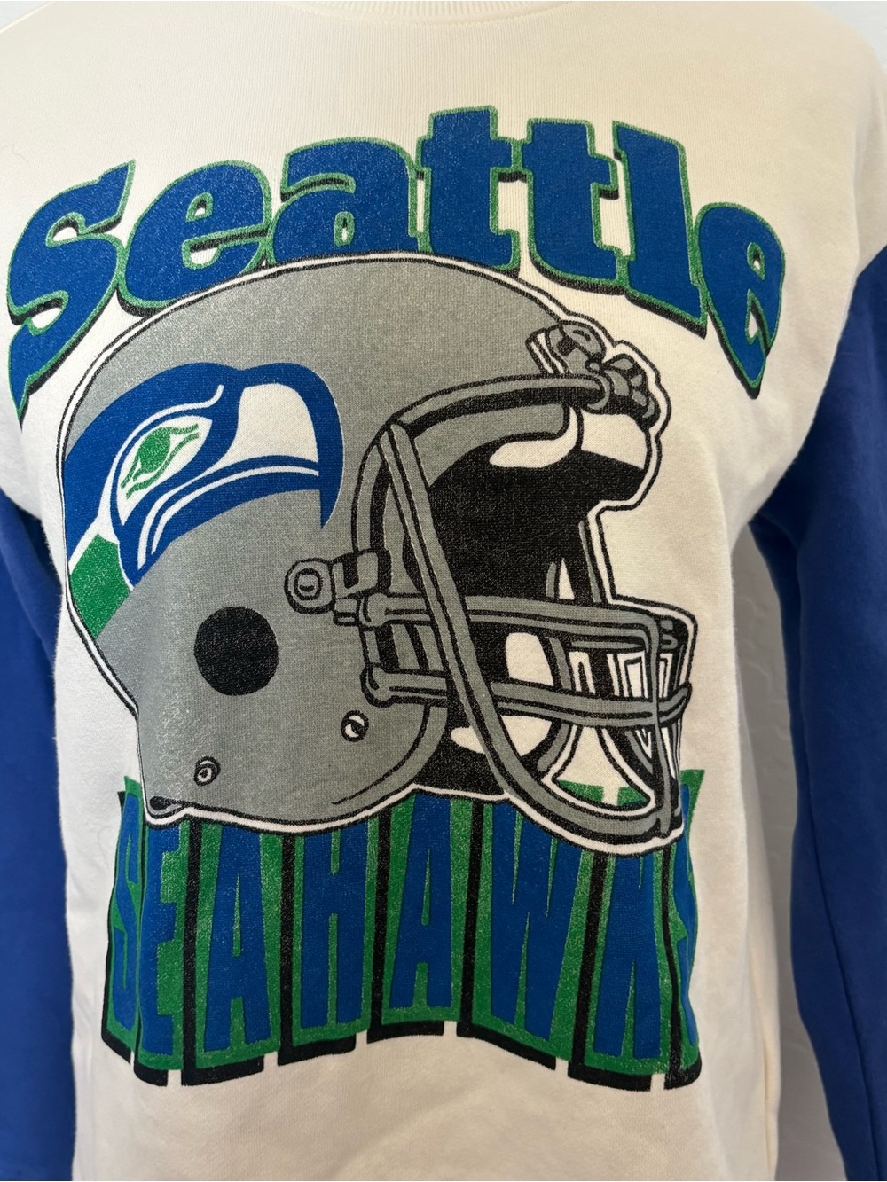 Junk Food Seattle Seahawks Colorblock Blue Cream Vintage Style Crewneck Size XS - Picture 2 of 5
